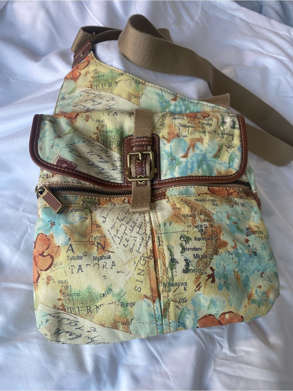 Vintage Fossil Floral Map-Print Canvas Crossbody in Teal, Tan & Orange Accents